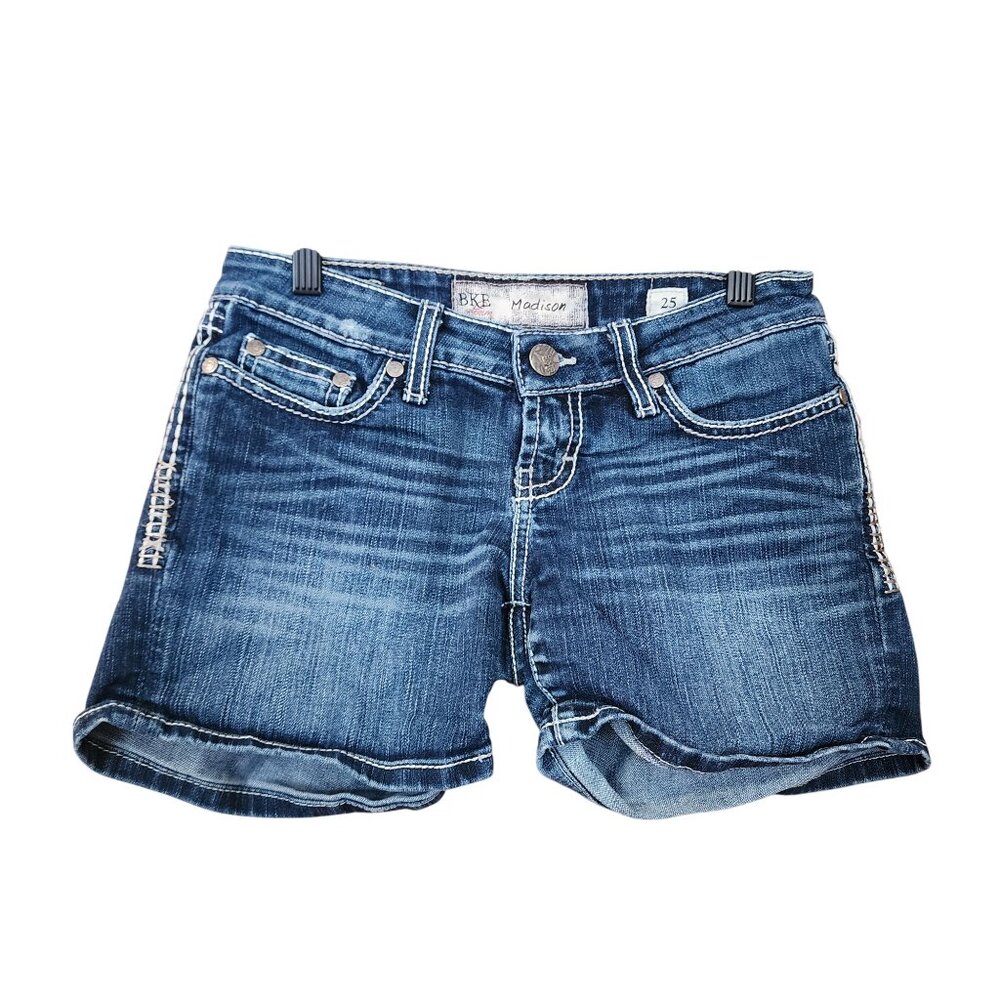 BKE Denim Madison Womens Distressed Jean Shorts Size 25 Rhinestone Pocket Accent